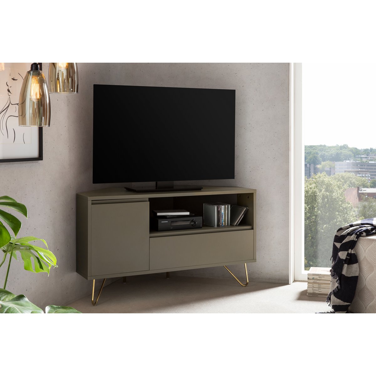 Corner TV lowboard with drawer, folding compartment and open compartment