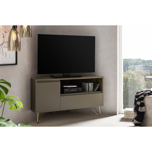 Corner TV lowboard with drawer, folding compartment and open compartment
