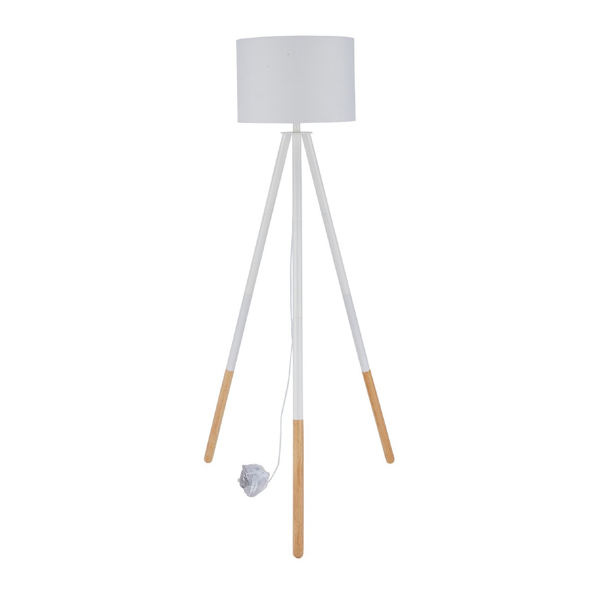 Floor lamp with wooden frame and white/natural fabric shade