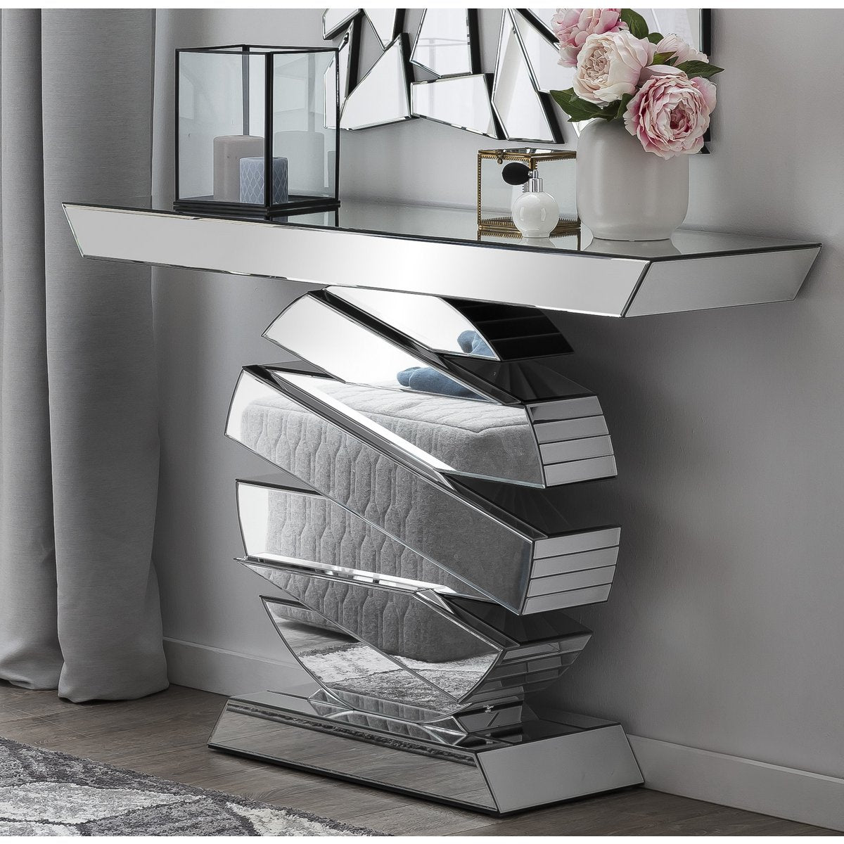Table made of MDF with mirror glass, round base