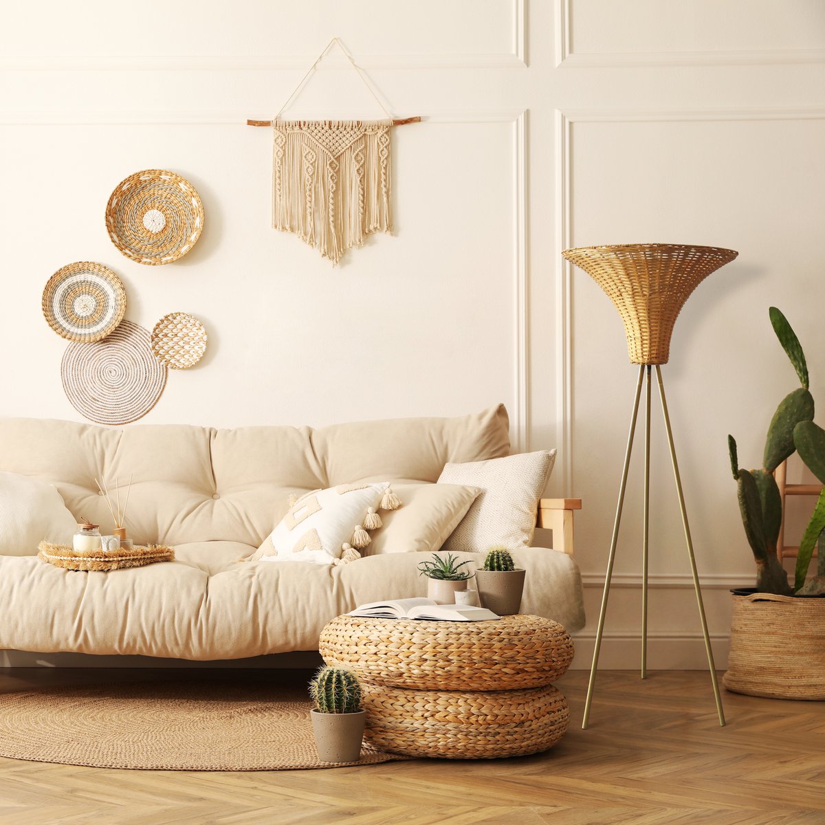Floor lamp with braided shade brass/natural 150 cm