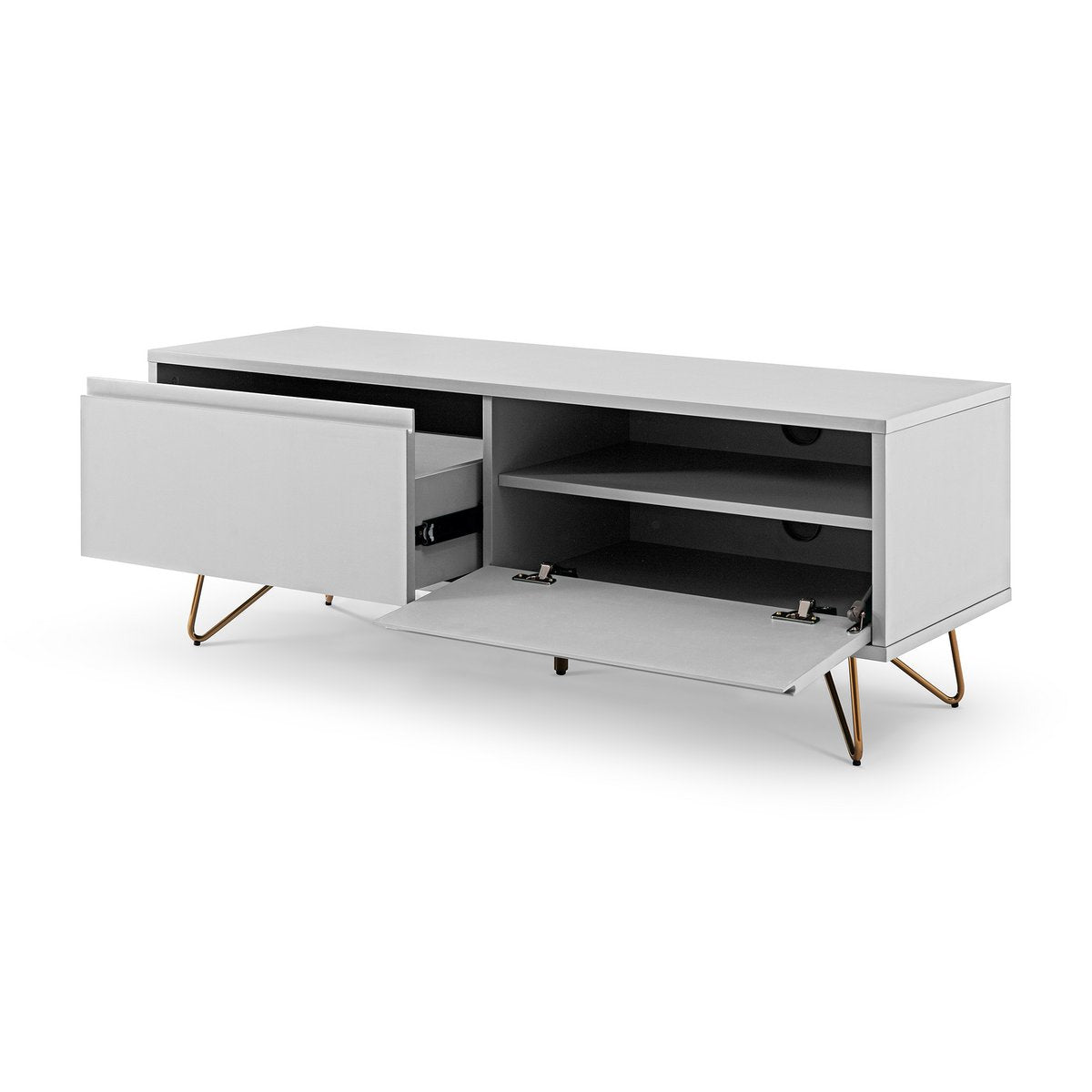Lowboard with drawer and folding compartment, matt