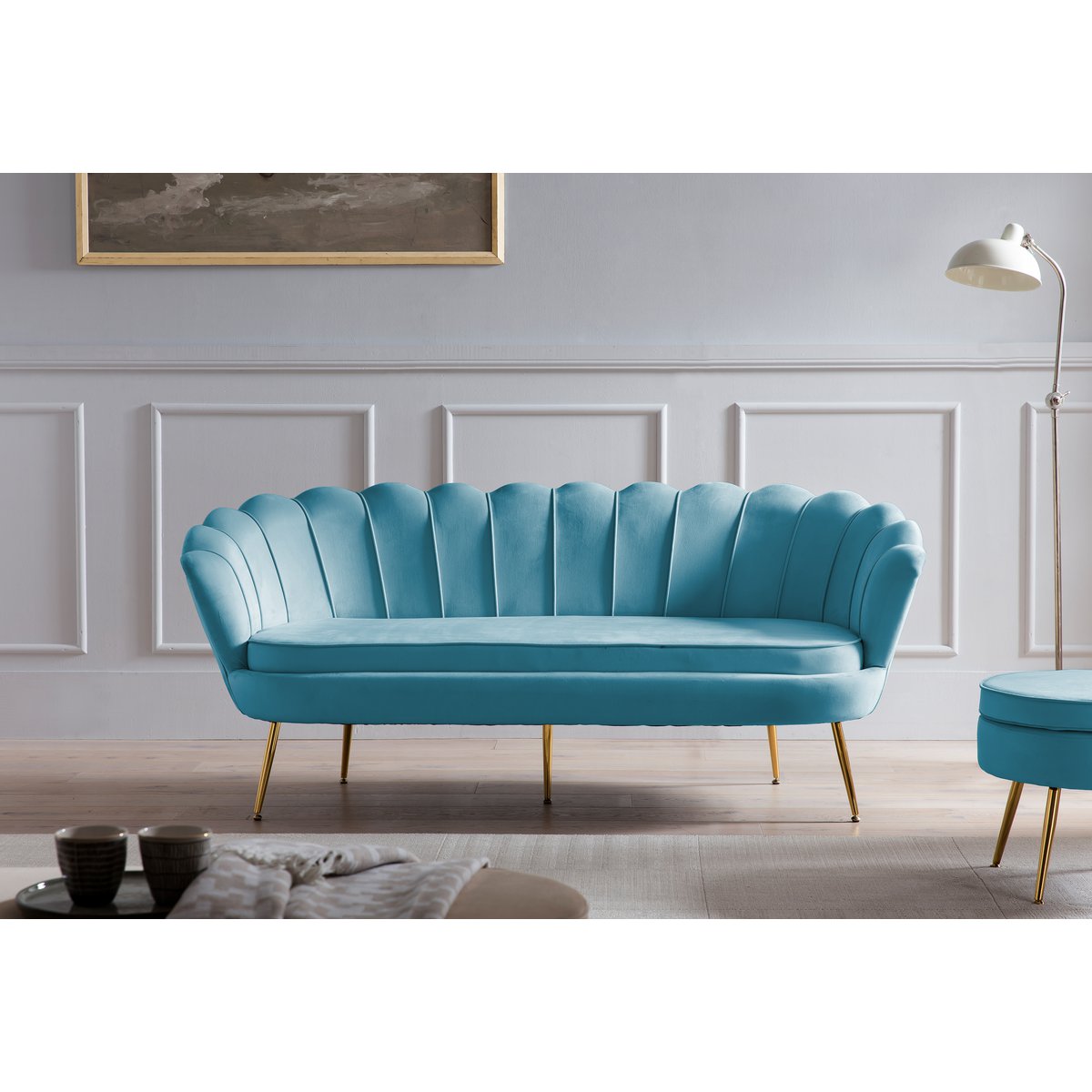 Shell sofa 3 seater in velvet blue