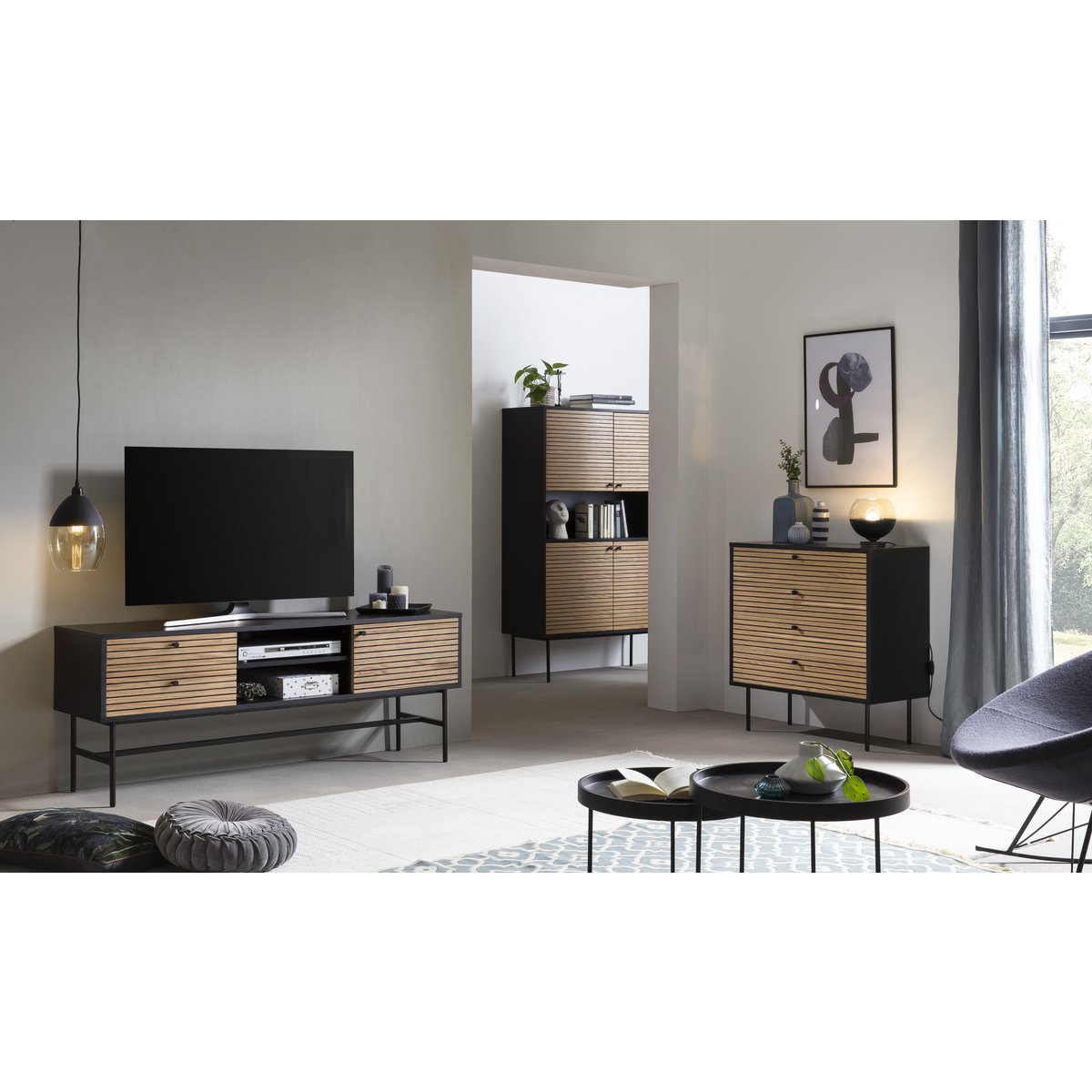 Chest of drawers black/oak real wood veneer