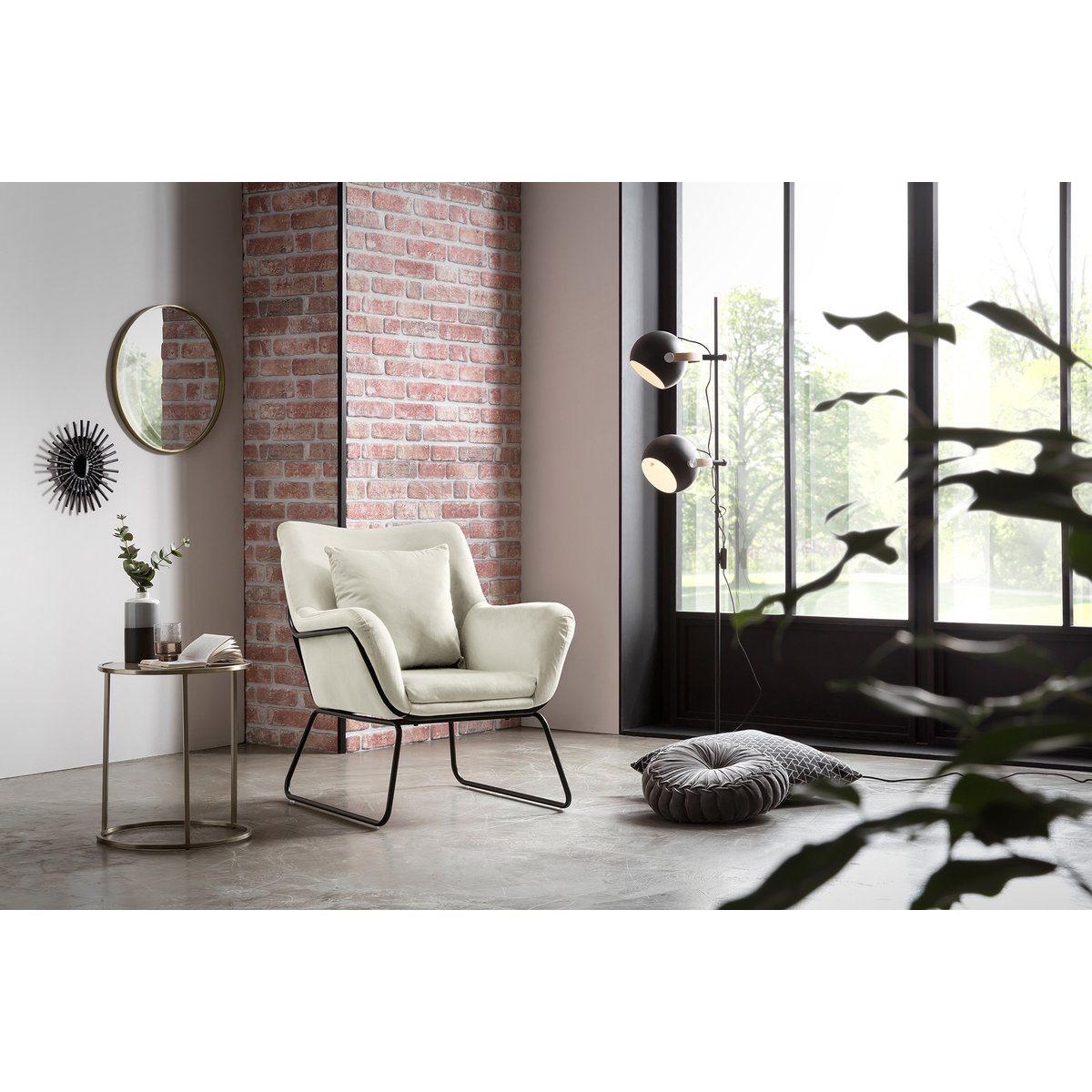 Lounge chair upholstered in beige velvet