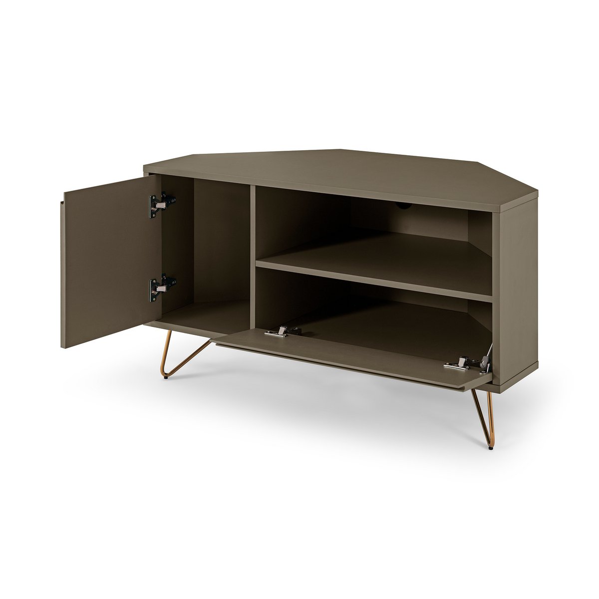 Corner TV lowboard with drawer, folding compartment and open compartment