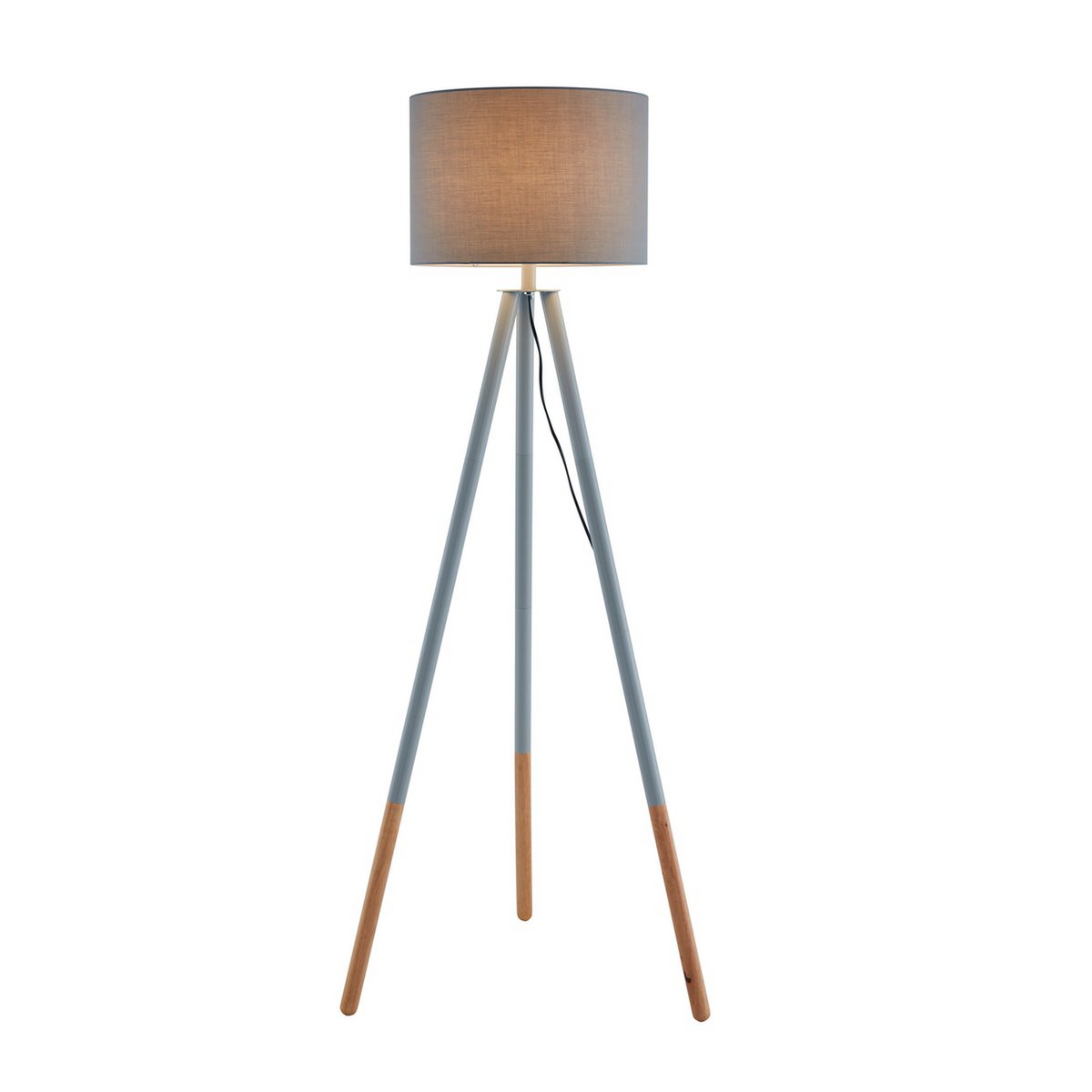 Floor lamp with wooden frame and grey/natural textile shade