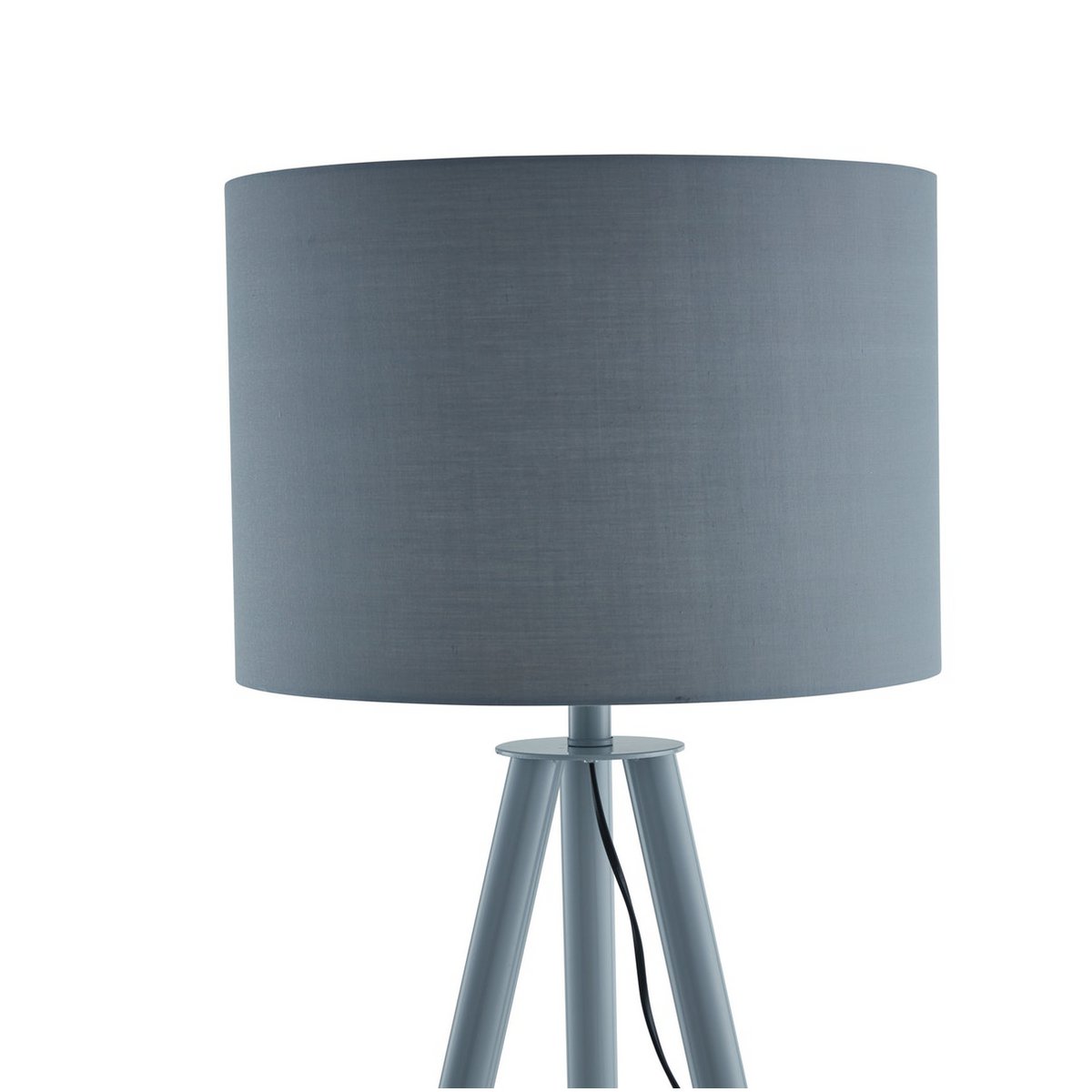 Floor lamp with wooden frame and grey/natural textile shade
