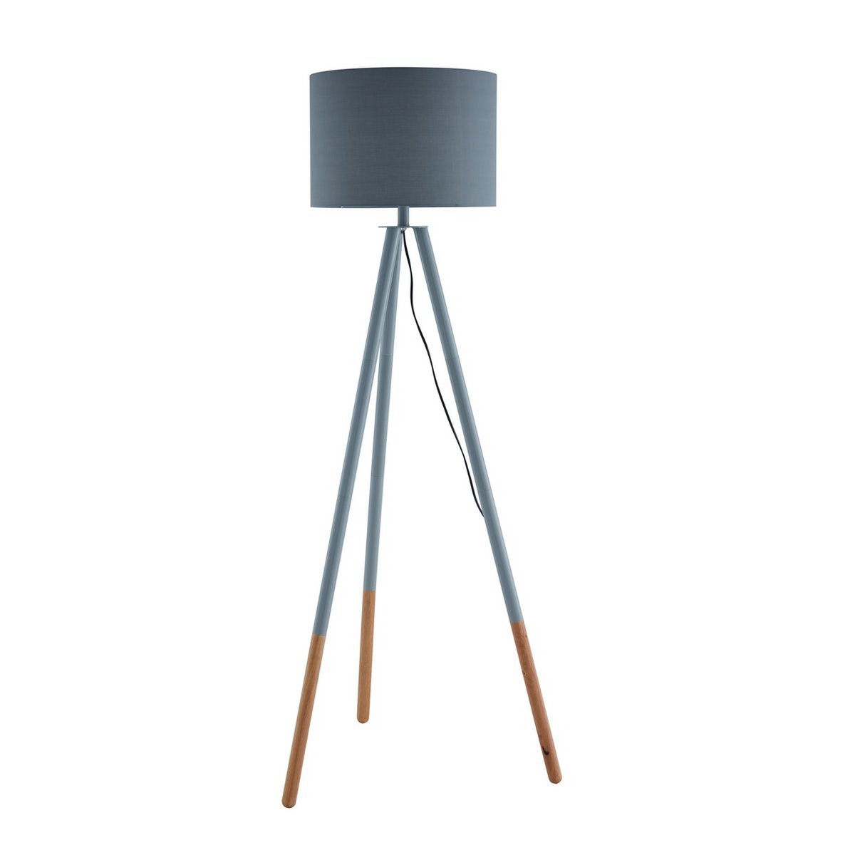 Floor lamp with wooden frame and grey/natural textile shade