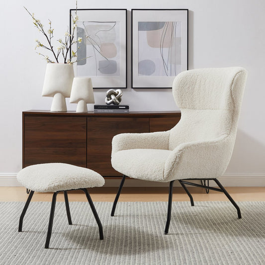 Armchair and stool set teddy fur beige