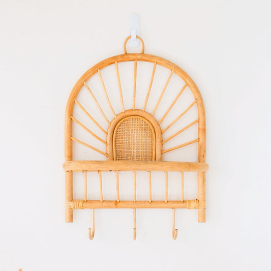 Rattan-Wandregal – Kleines Boho-Wandregal – Hängendes Rattan-Regal – Kleider- oder Schlüsselhaken – Handgefertigtes Regal aus Rattan (41 x 53 cm) BANTEN