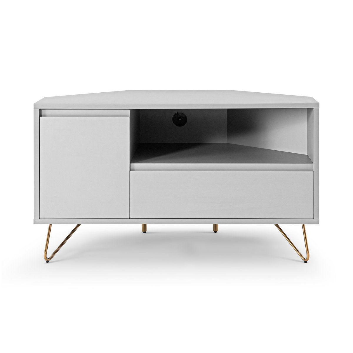 Corner TV lowboard with drawer, folding compartment and open compartment