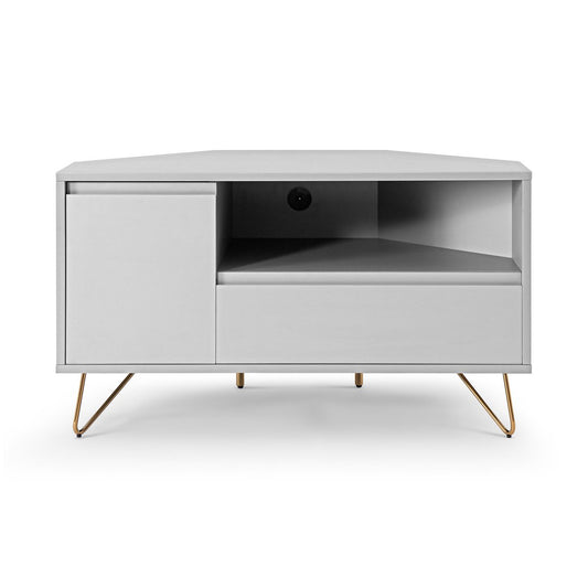 Corner TV lowboard with drawer, folding compartment and open compartment