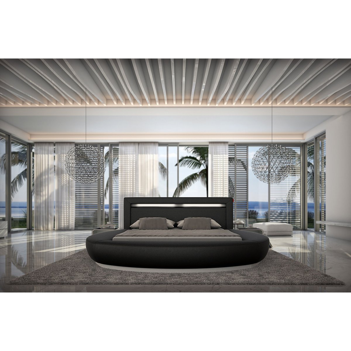 Round bed 140x200 cm LED black faux leather look