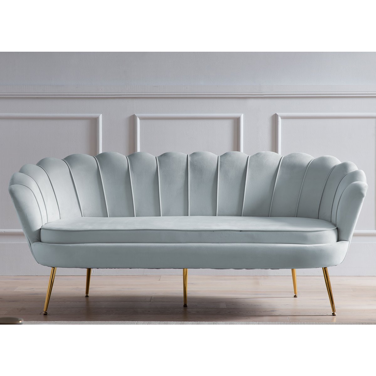 3 seater shell sofa in light gray velvet