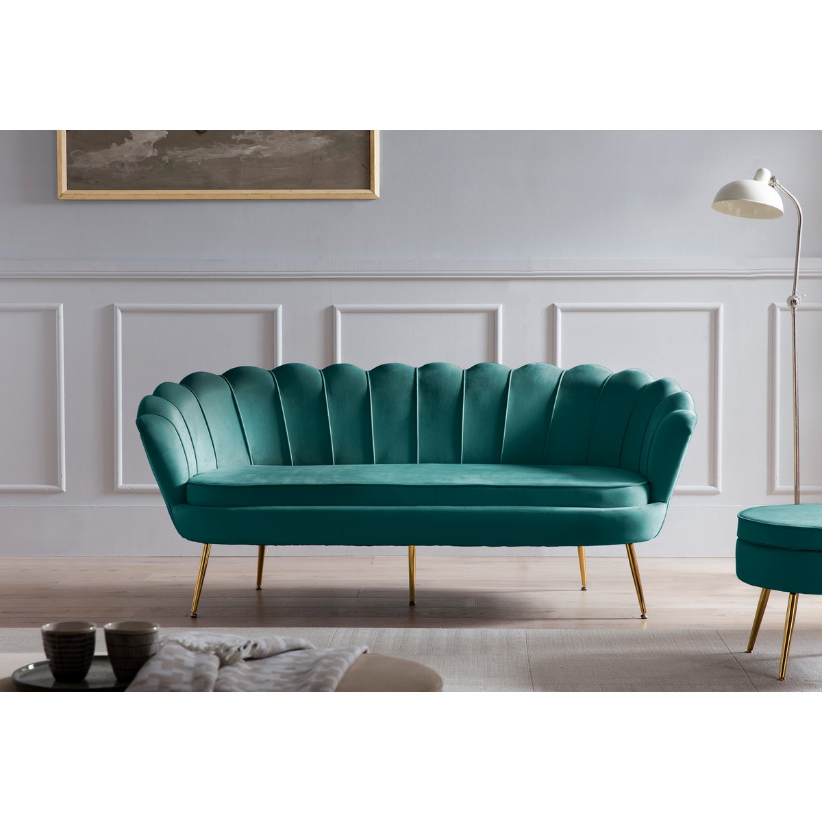 3 seater velvet shell sofa green