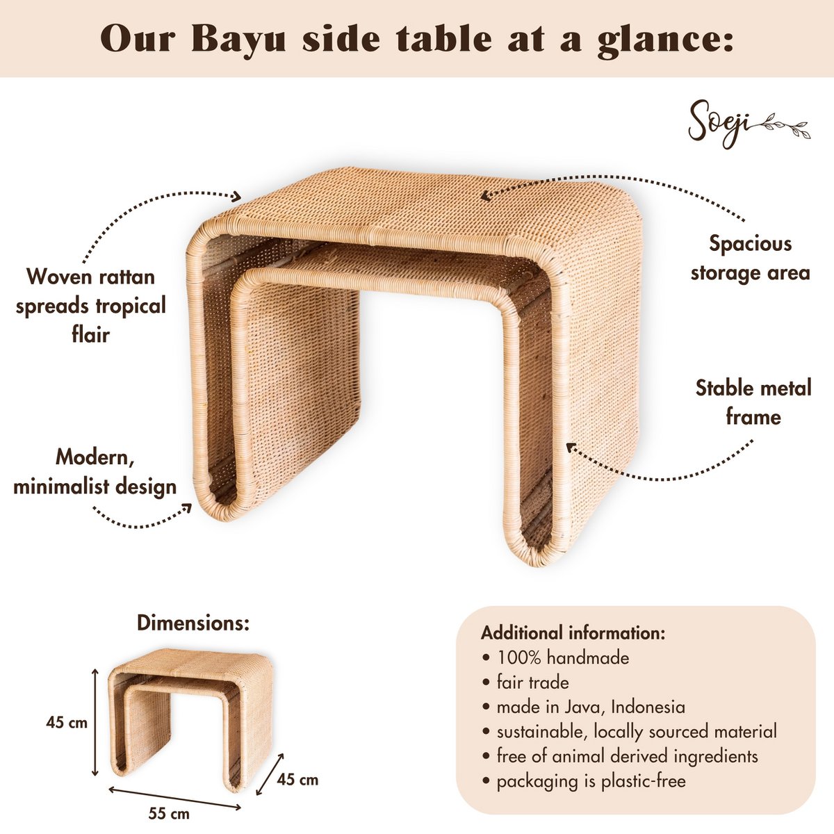 Rattan-Beistelltisch mit stabilem Metallgestell – handgefertigter Couchtisch BAYU