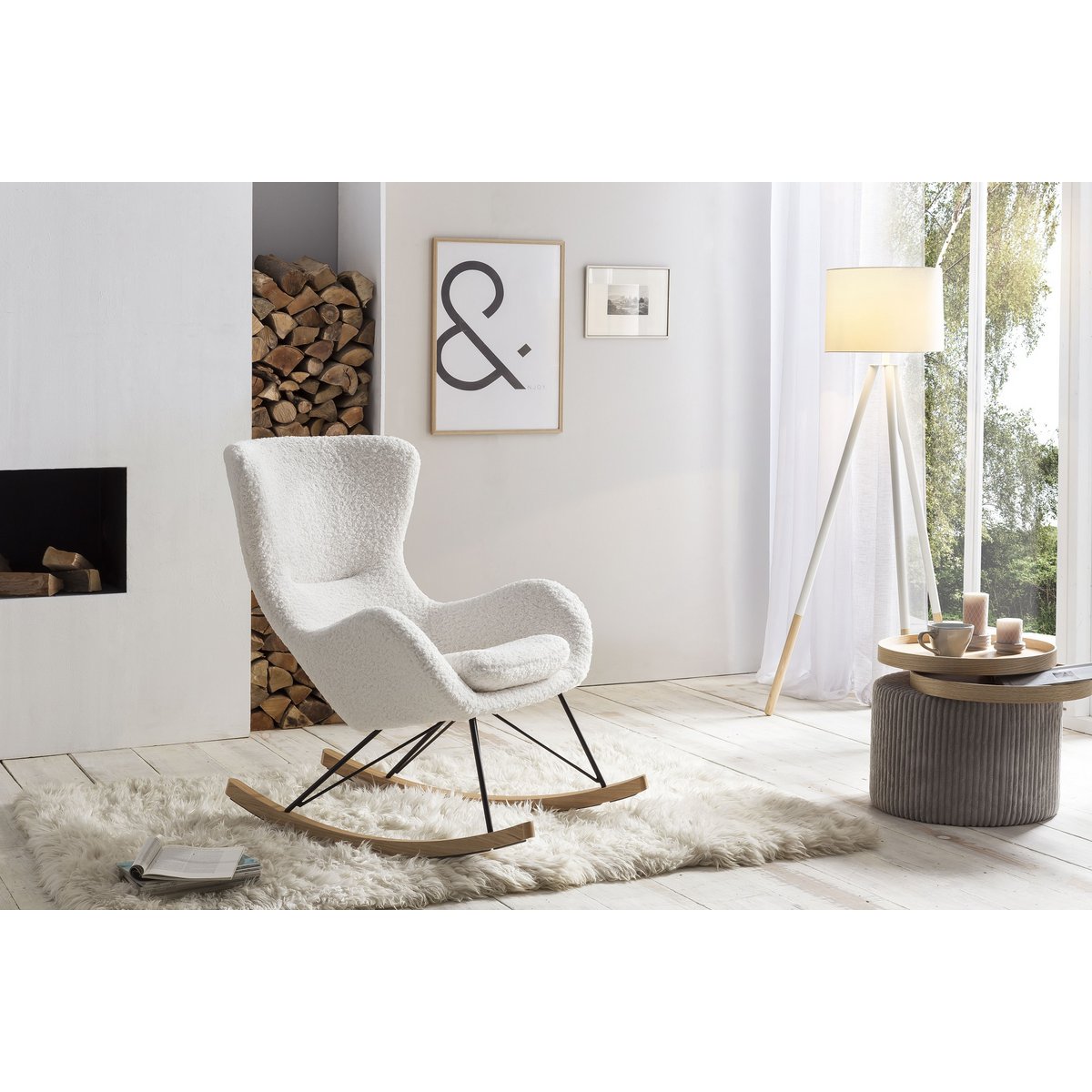 Floor lamp with wooden frame and white/natural fabric shade