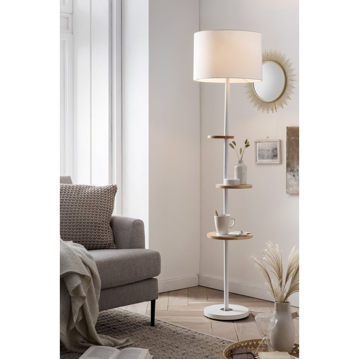 Floor lamp with 3 wooden shelves