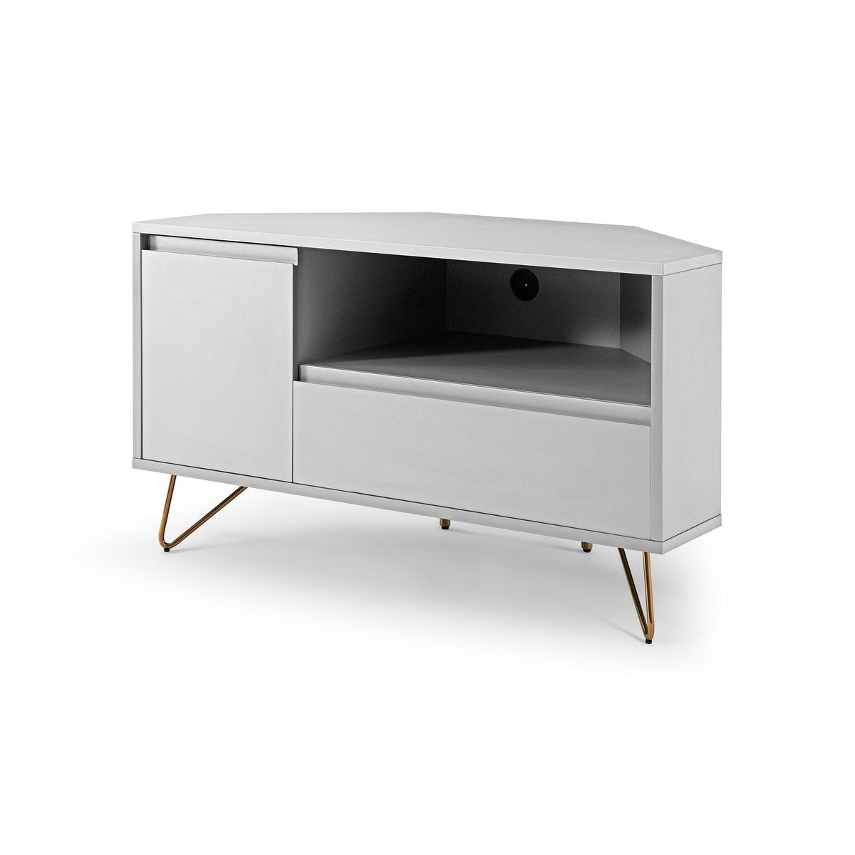 Corner TV lowboard with drawer, folding compartment and open compartment