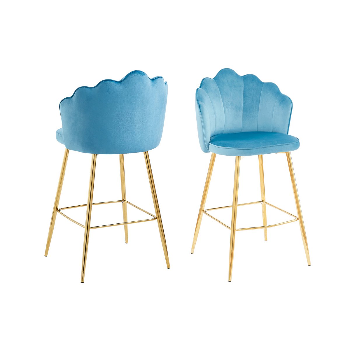 Set of 2 shell design bar stools in blue velvet