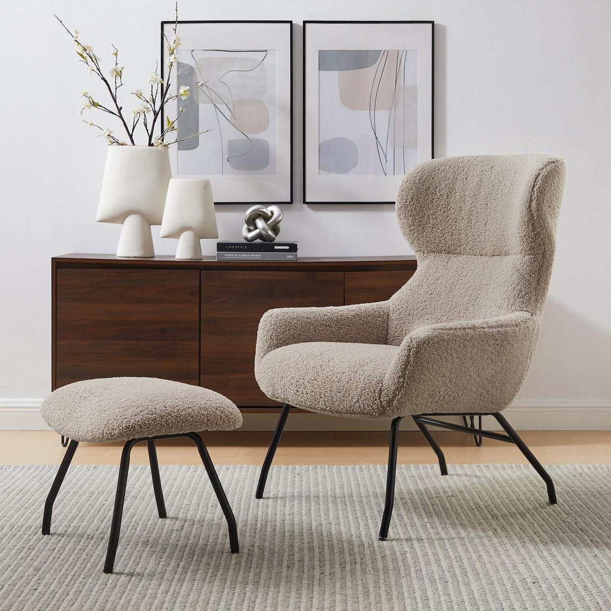 Armchair and stool set teddy fur taupe