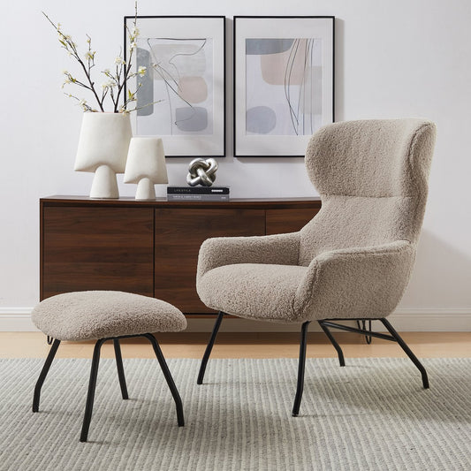 Armchair and stool set teddy fur taupe