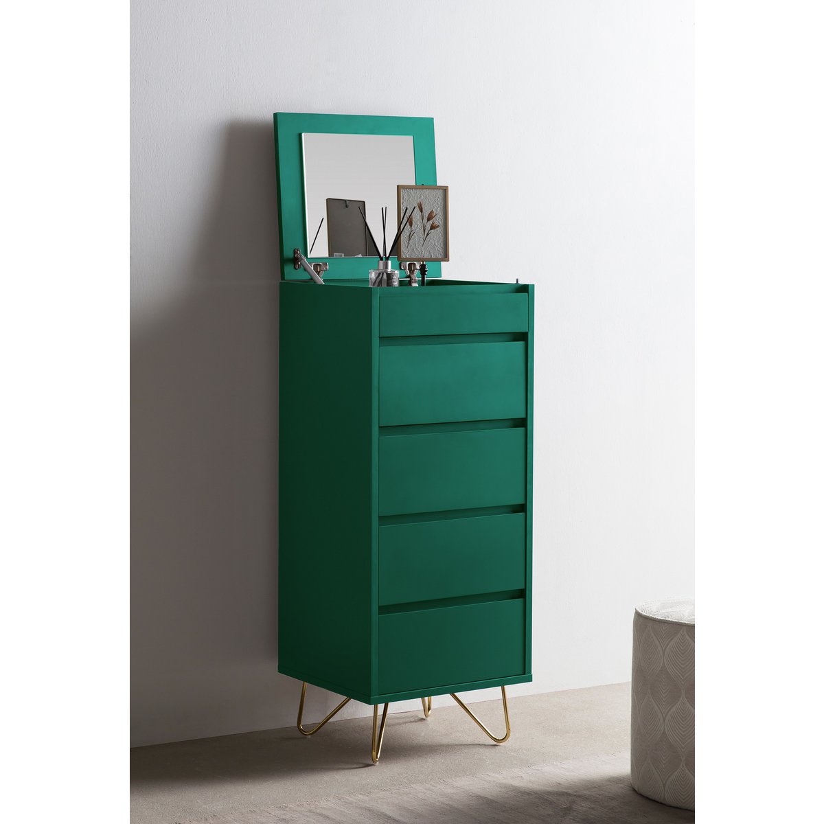 High chest of drawers with 4 drawers and 1 compartment, including mirror