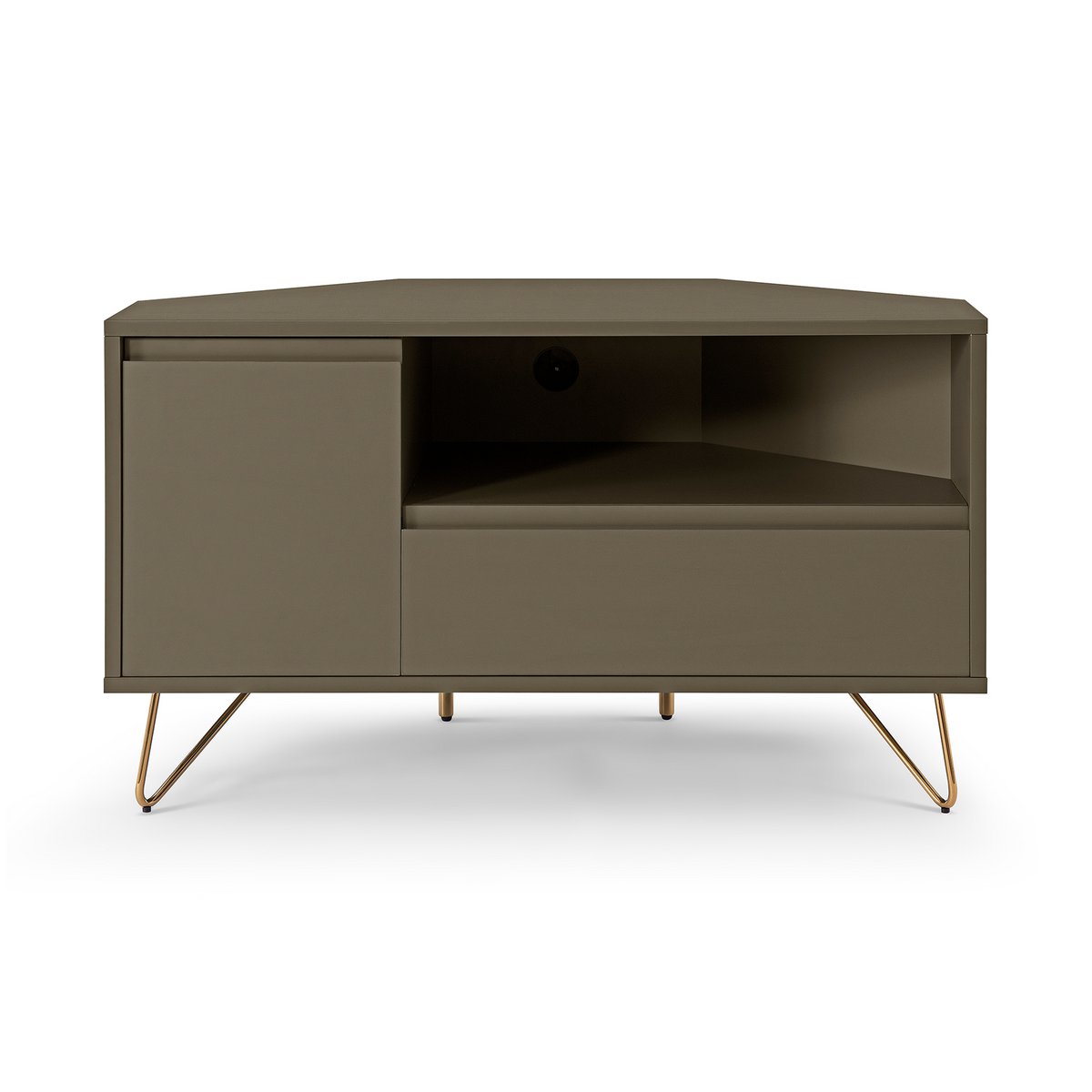 Corner TV lowboard with drawer, folding compartment and open compartment