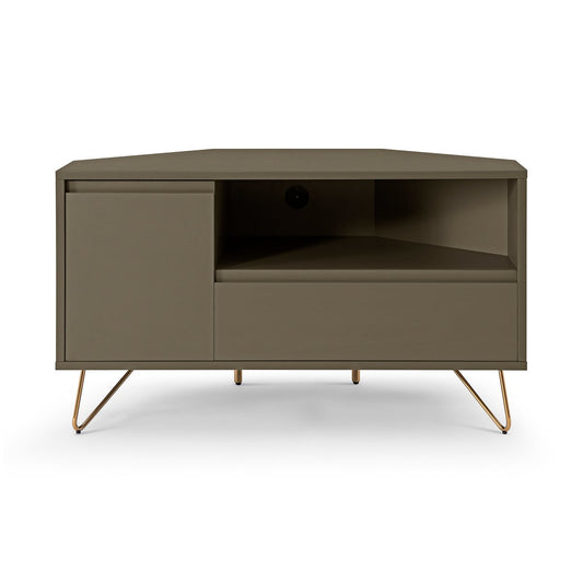 Corner TV lowboard with drawer, folding compartment and open compartment