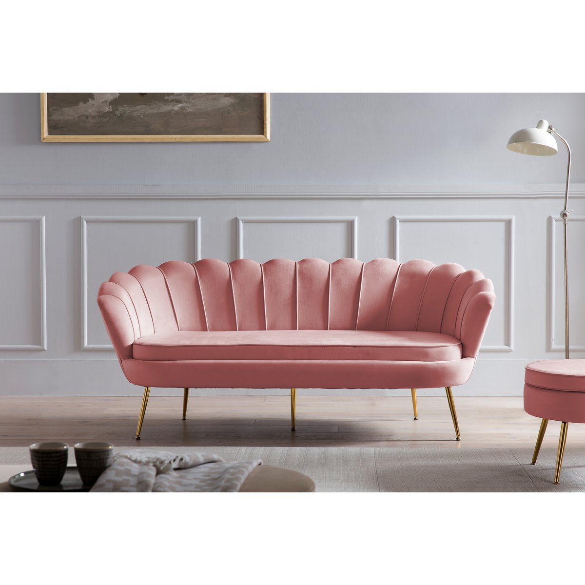 Shell sofa 3 seater in rose velvet