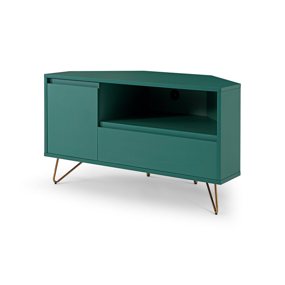 Corner TV lowboard with drawer, folding compartment and open compartment