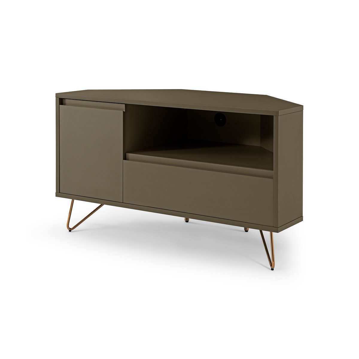 Corner TV lowboard with drawer, folding compartment and open compartment
