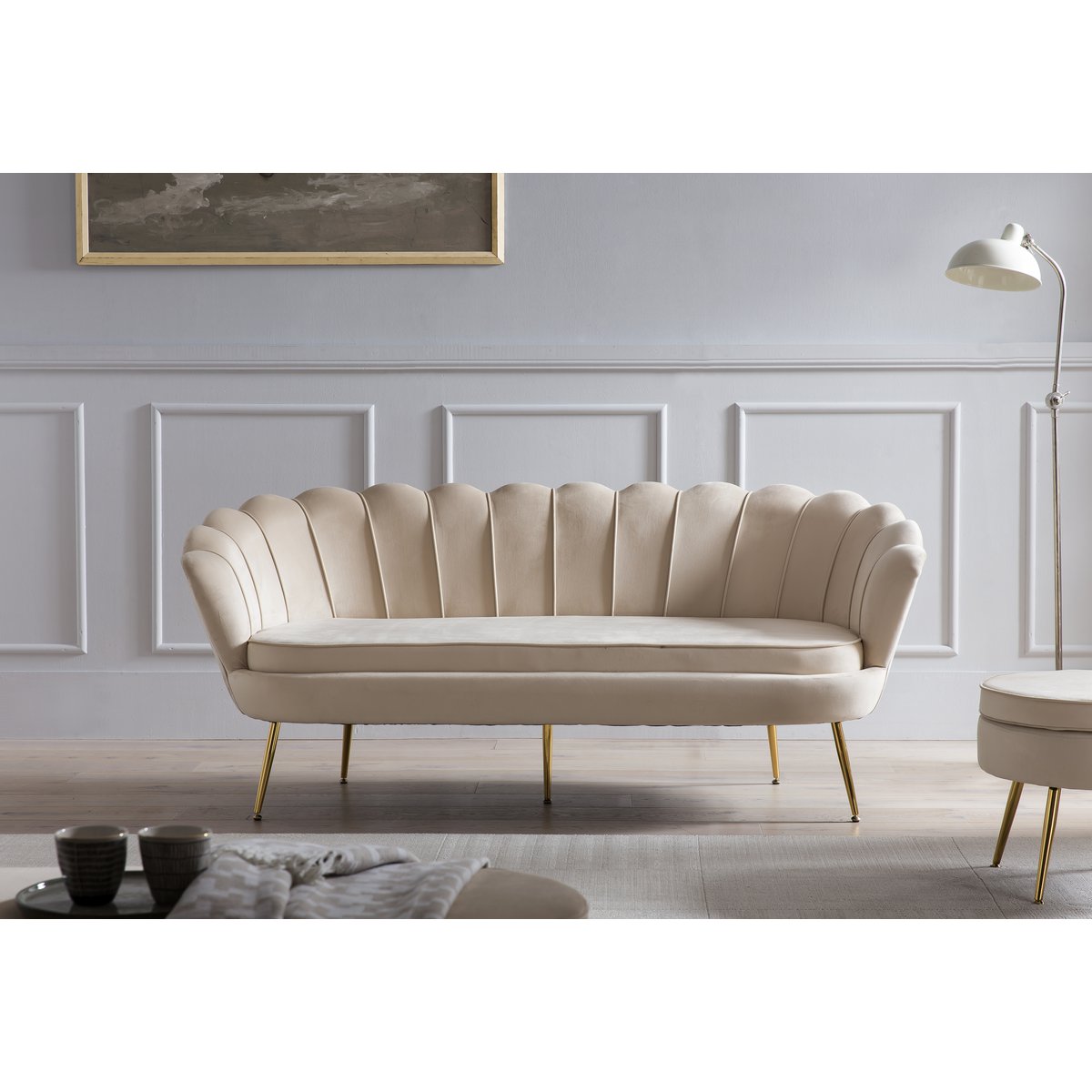 Shell sofa 3 seater in beige velvet