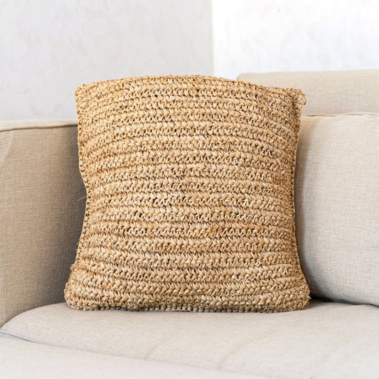 Boho -Kissen aus Raffia - 40x40 cm dekoratives gewebter Kissen - Sofa Kissen - Natural beige Quadratkissen handgefertigt von Raffia Jiwa