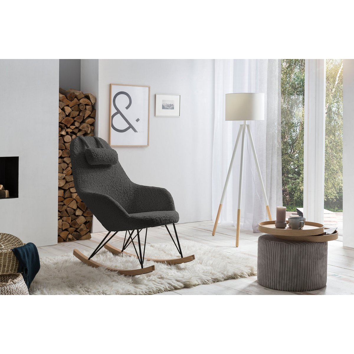 Floor lamp with wooden frame and white/natural fabric shade