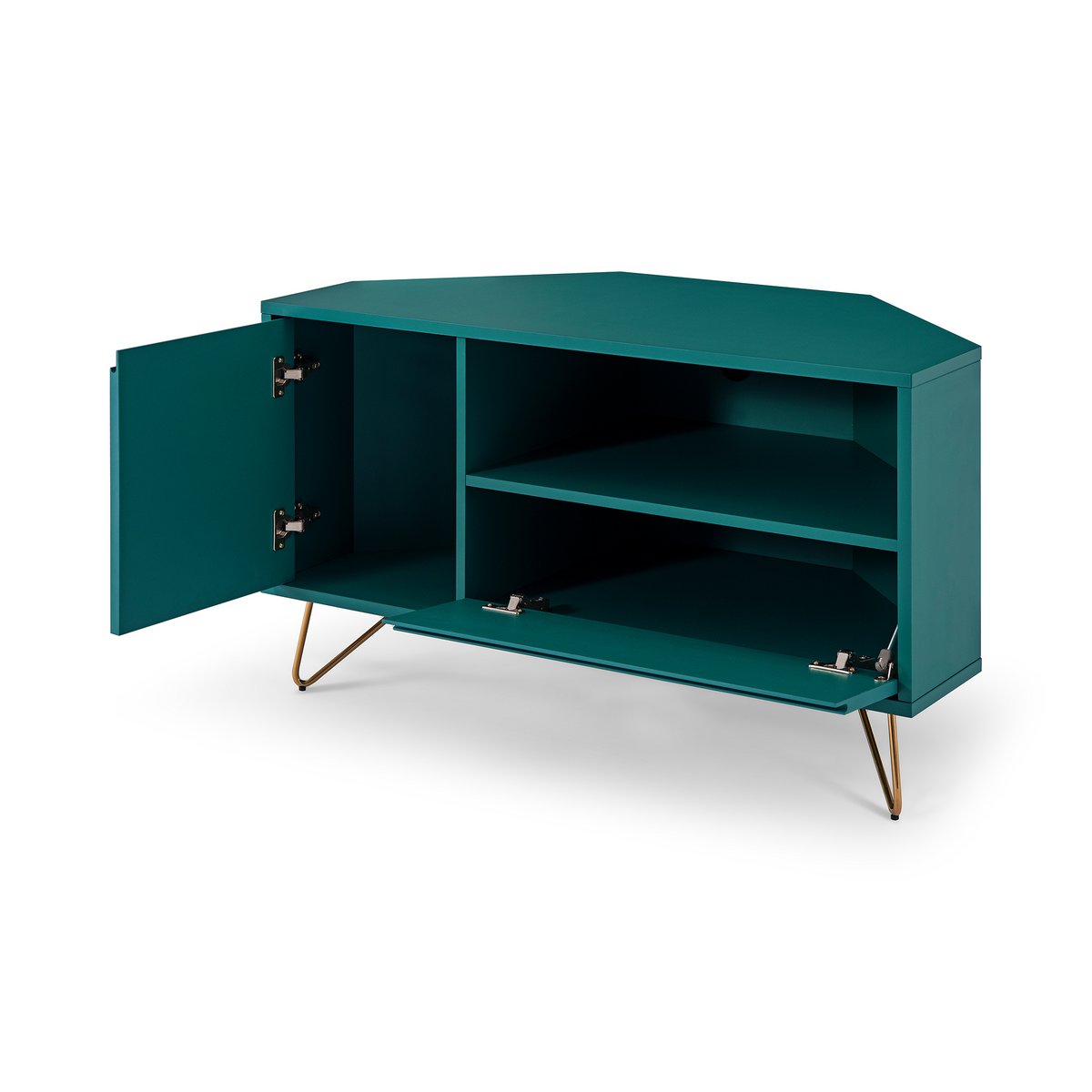 Corner TV lowboard with drawer, folding compartment and open compartment