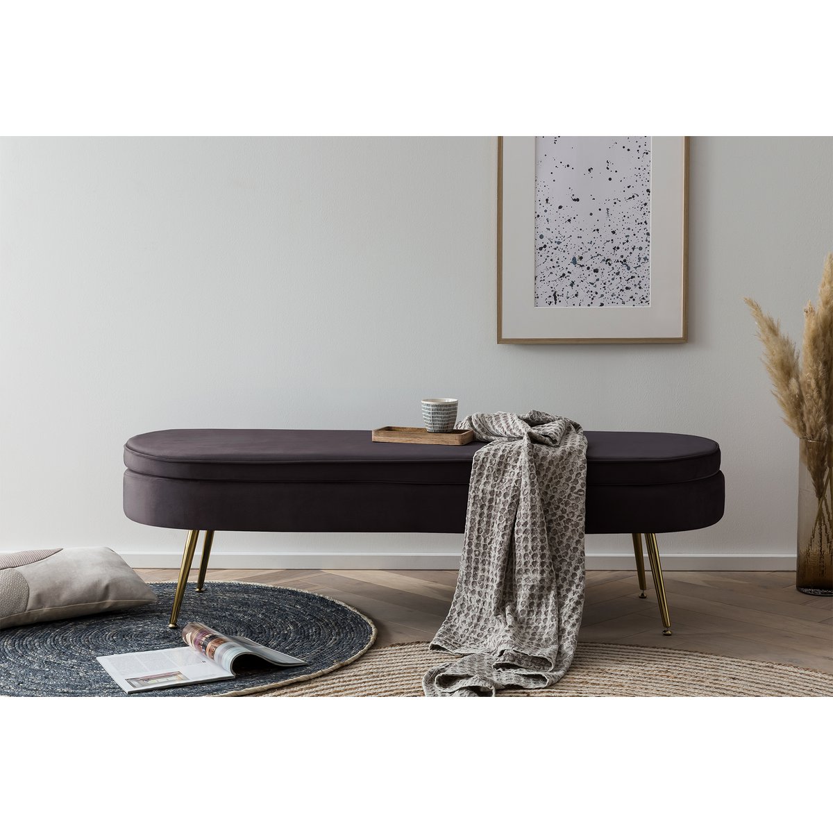 Pouf oval long made of black velvet