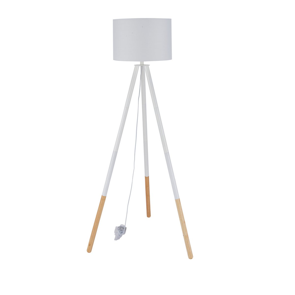 Floor lamp with wooden frame and white/natural fabric shade