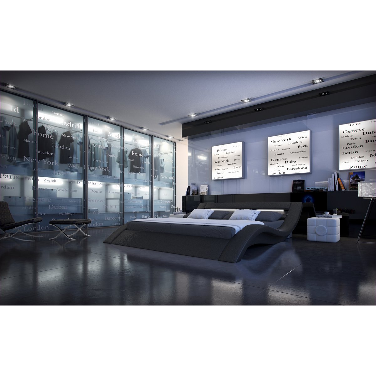 Upholstered bed 140x200 cm LED black faux leather look