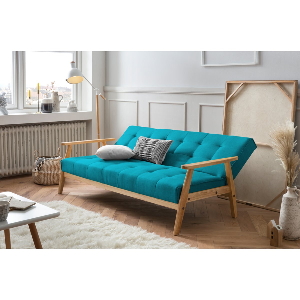 Sofa bed in Scandinavian textured petroleum