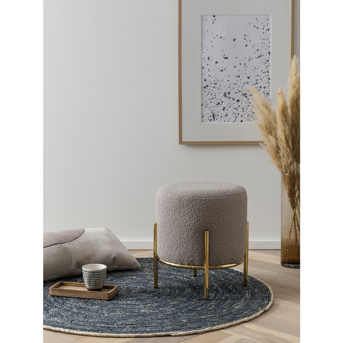 Polsterhocker Ø35 cm Bouclé Stoff Taupe