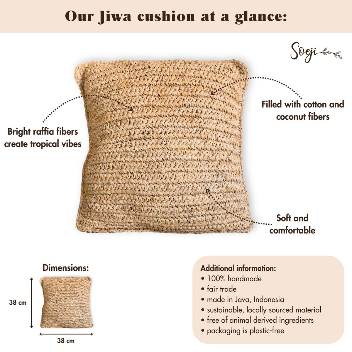 Boho -Kissen aus Raffia - 40x40 cm dekoratives gewebter Kissen - Sofa Kissen - Natural beige Quadratkissen handgefertigt von Raffia Jiwa