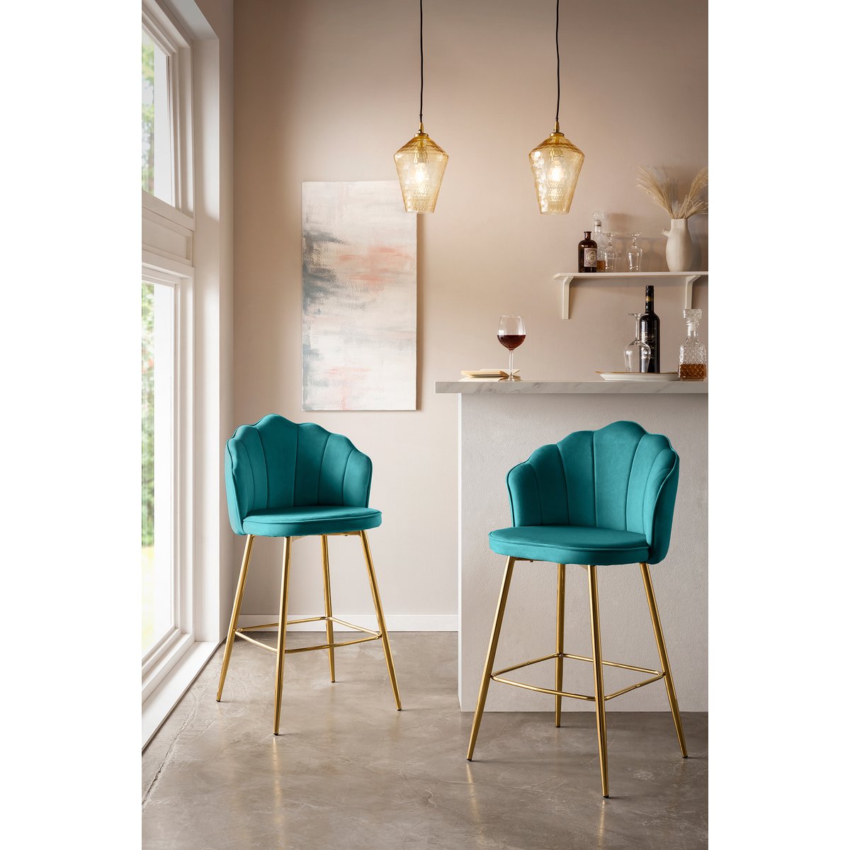 Set of 2 Shell Design Velvet Bar Stools Green