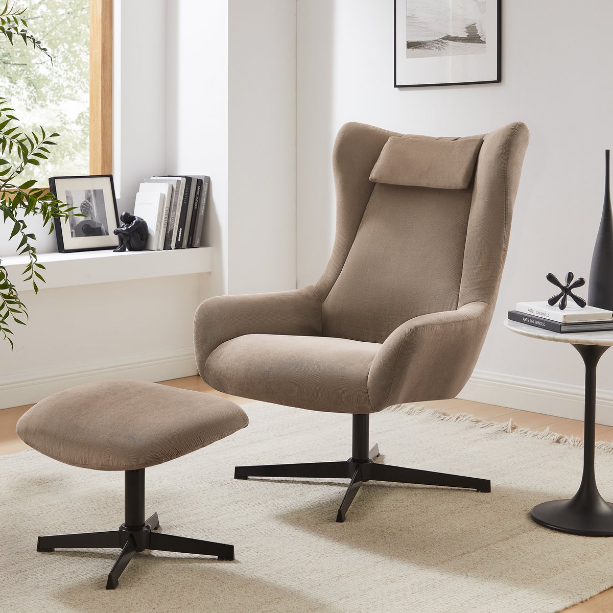 Armchair and stool corduroy look brown