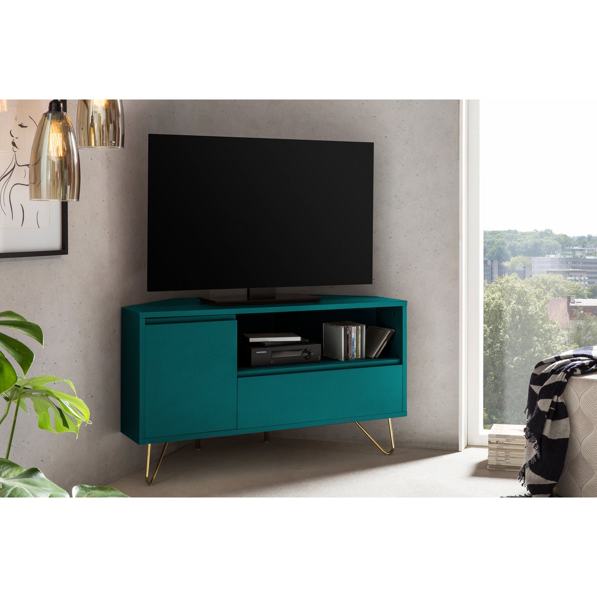 Corner TV lowboard with drawer, folding compartment and open compartment