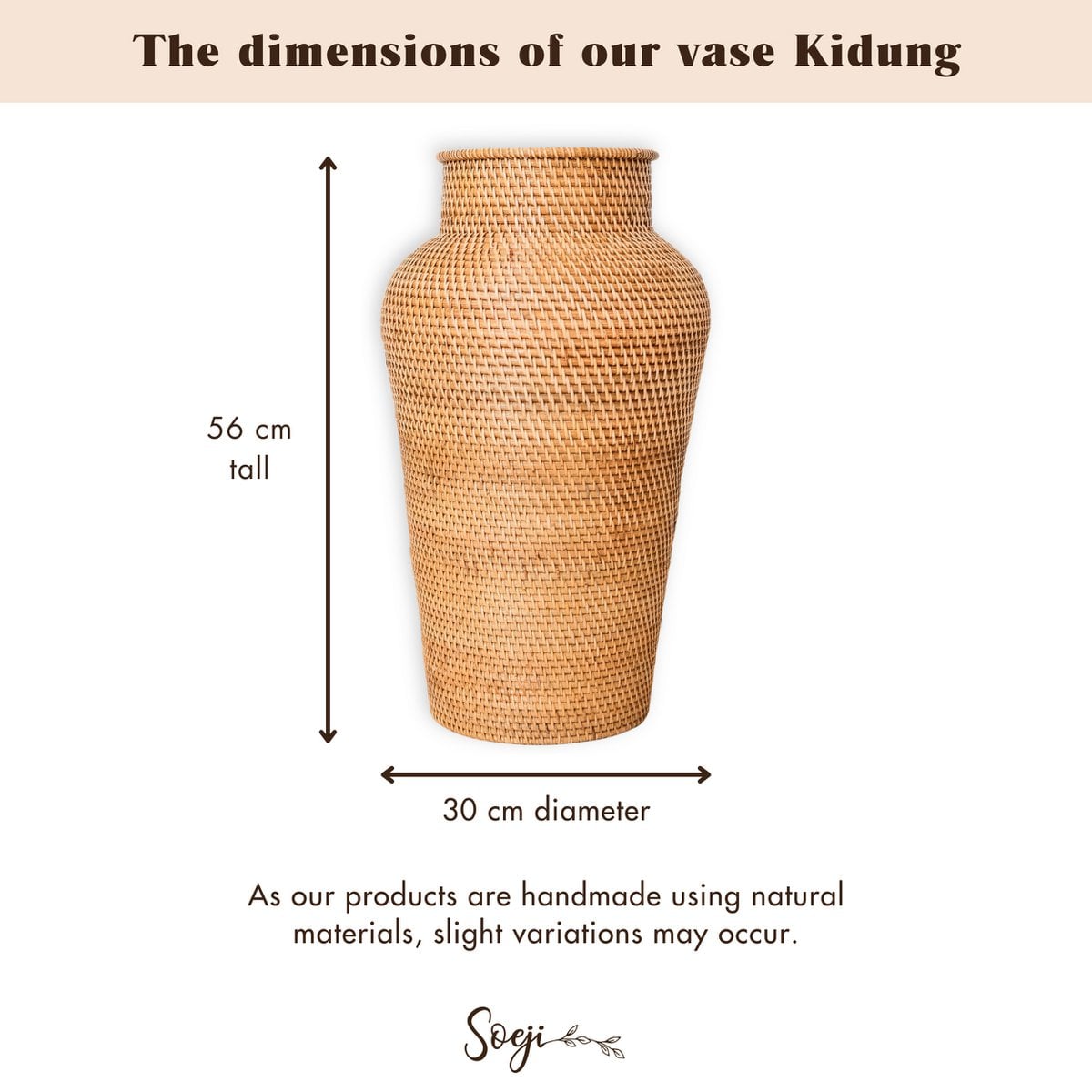 Geflochtene Rattanvase rund – Große Boho Dekovase – Vase hoch & schmal – Bodenvase handgefertigt aus Naturfasern (Ø 30 cm) KIDUNG