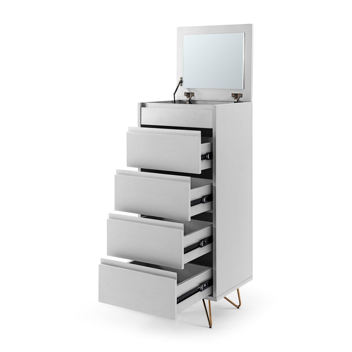 High chest of drawers with 4 drawers and 1 compartment, including mirror