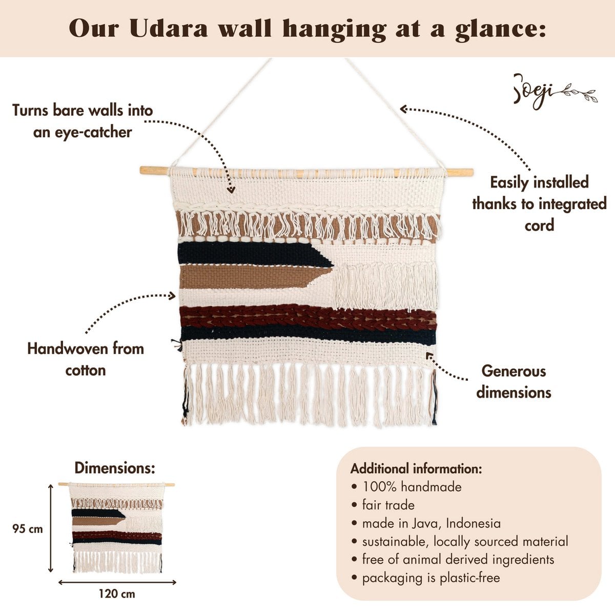Große Makrame -Wandhänge - gewebte Boho -Wanddekoration - moderne Baumwollwand hängende natürliche Materialien - handgewebtes Wanddekor 120x95 cm Udara