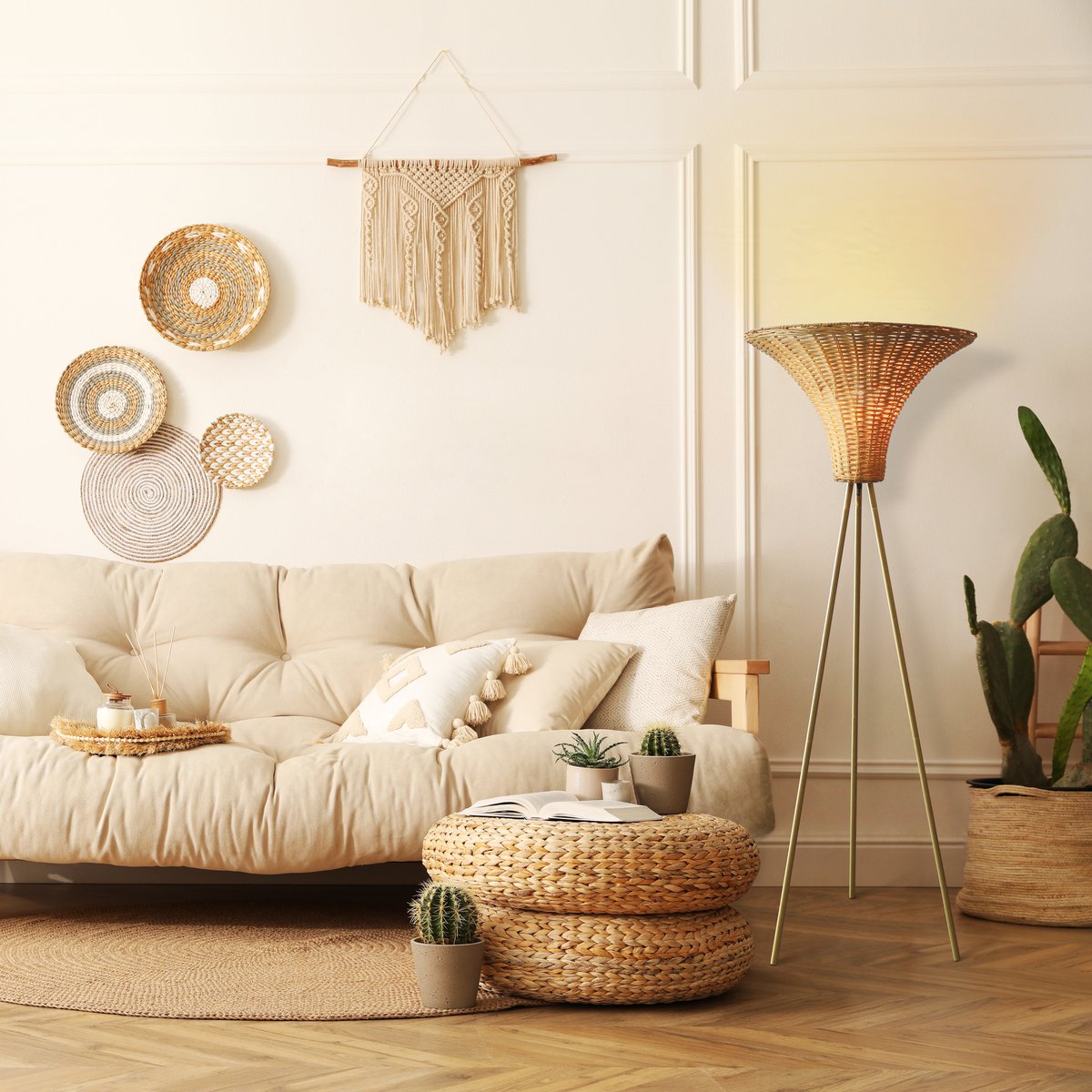 Floor lamp with braided shade brass/natural 150 cm